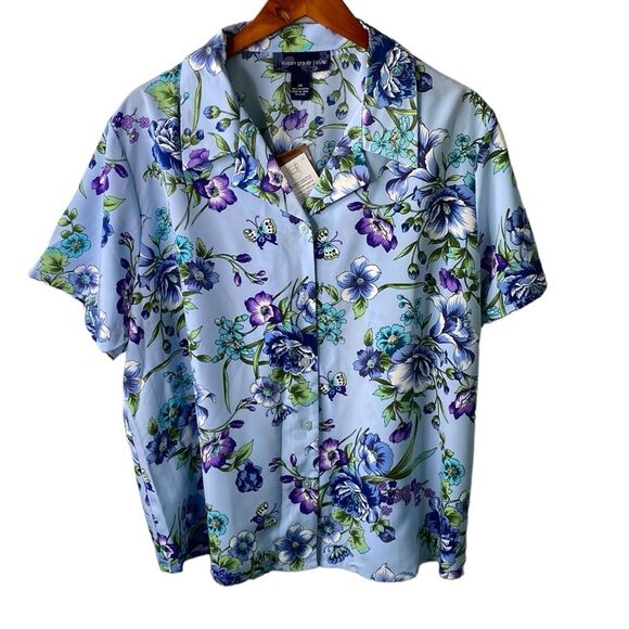 Susan Grave Floral Short Sleeve Button Up Camp Shirt Blouse Collared Multi-Color - Picture 1 of 12